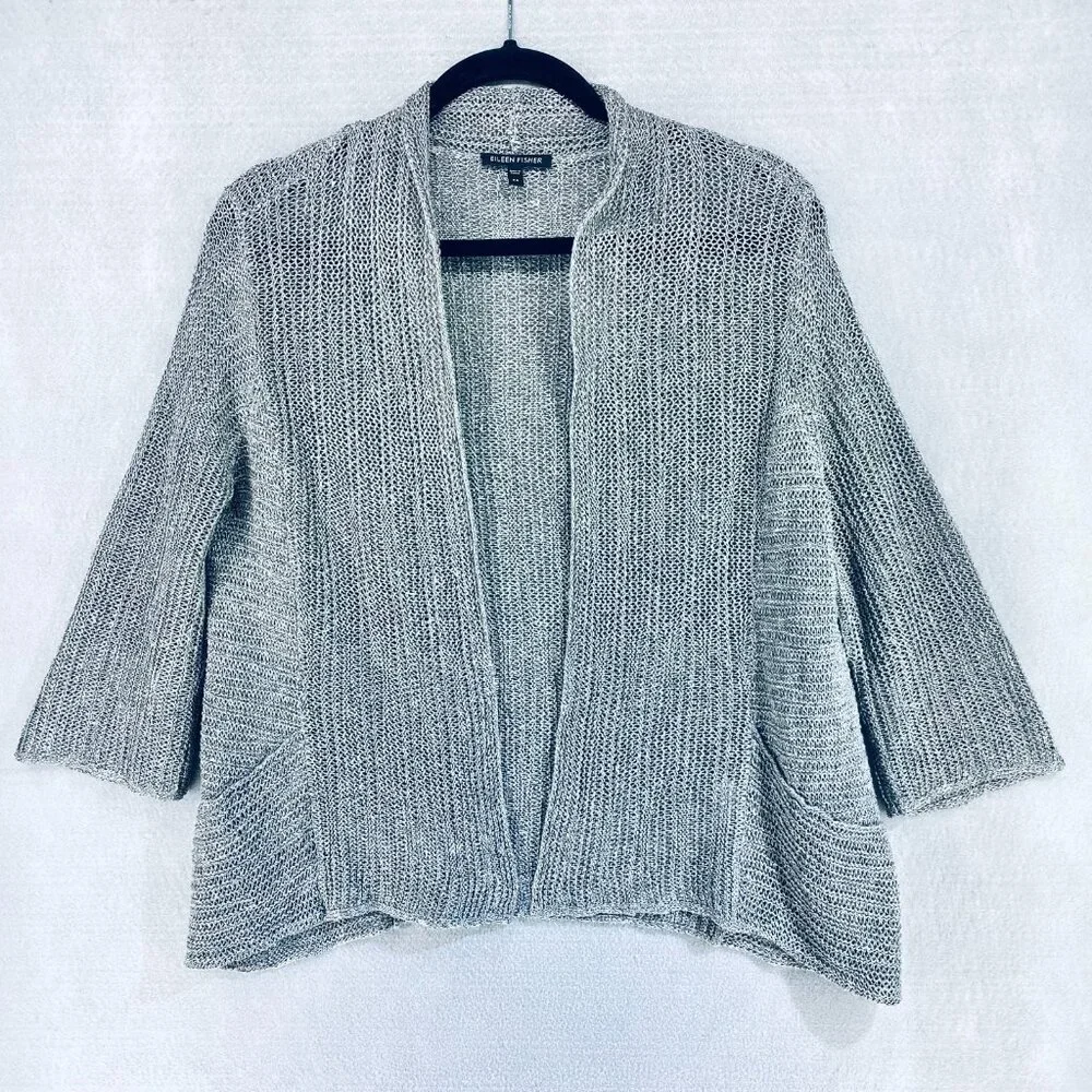 Eileen Fisher Sweater Womens XS Gray Silk Linen Crocket Knit Cardigan Luxury
